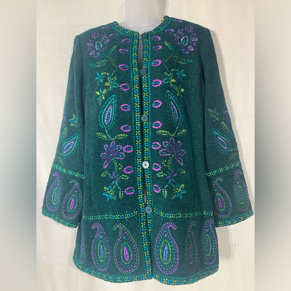 Linea by Louis Dell’Olio Embroidered Green Jacket with Purple and Blue Accents
